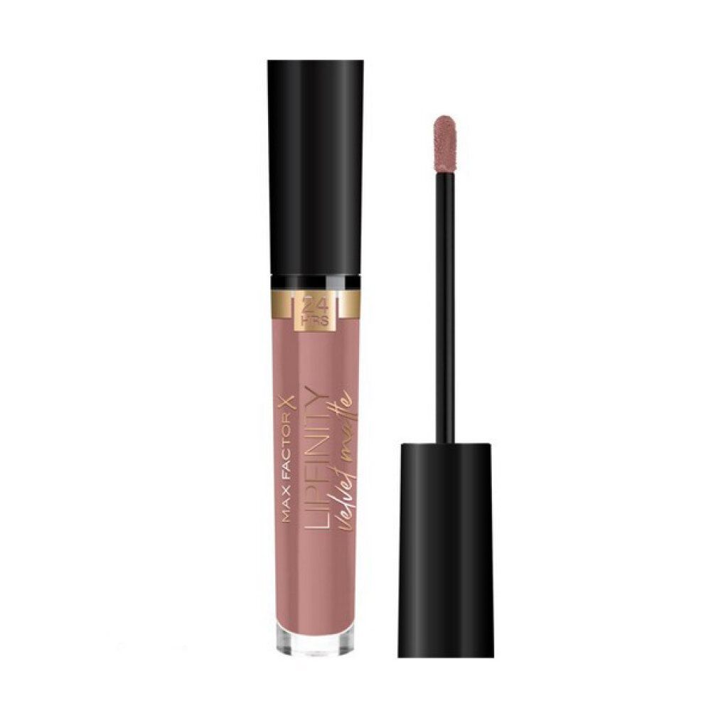 Rossetto Max Factor Lipfinity Velvet Matte. Tonalità nude, cappuccio e applicatore neri. Scritta: 24 HRS.