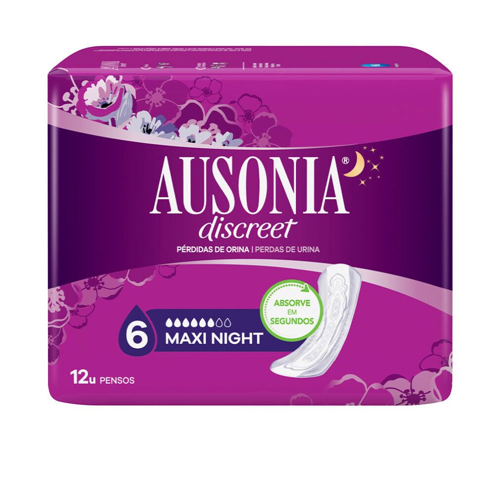 Confezione di Ausonia Discreet Maxi Night. Confezione viola con immagine del prodotto. Testo: 6, Maxi Night, 12 pezzi.