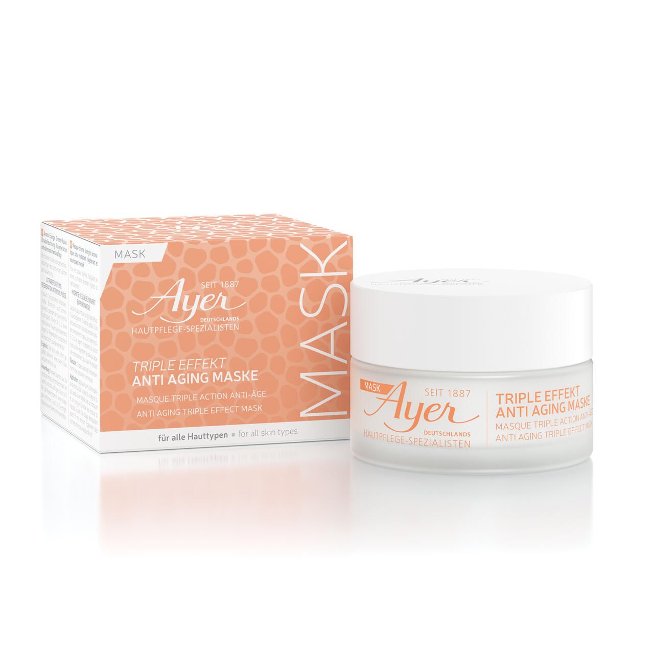 Vaso di crema e scatola. Scritta: Ayer, Triple Effetto Anti Aging Maske. Per tutti i tipi di pelle.