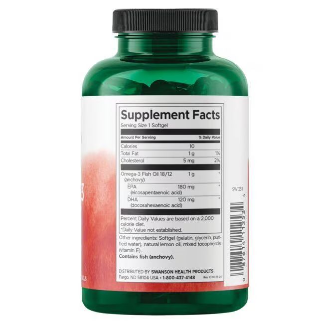 Bottiglia verde con capsule di olio di pesce Omega-3. Retro con informazioni nutrizionali e ingredienti. Contiene pesce.