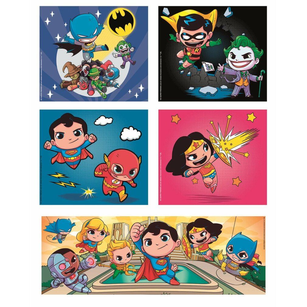 Cinque puzzle quadrati con motivi DC Super Friends. Batman, Robin, Superman, Flash e Wonder Woman. Stile fumetto. Sfondi diversi.