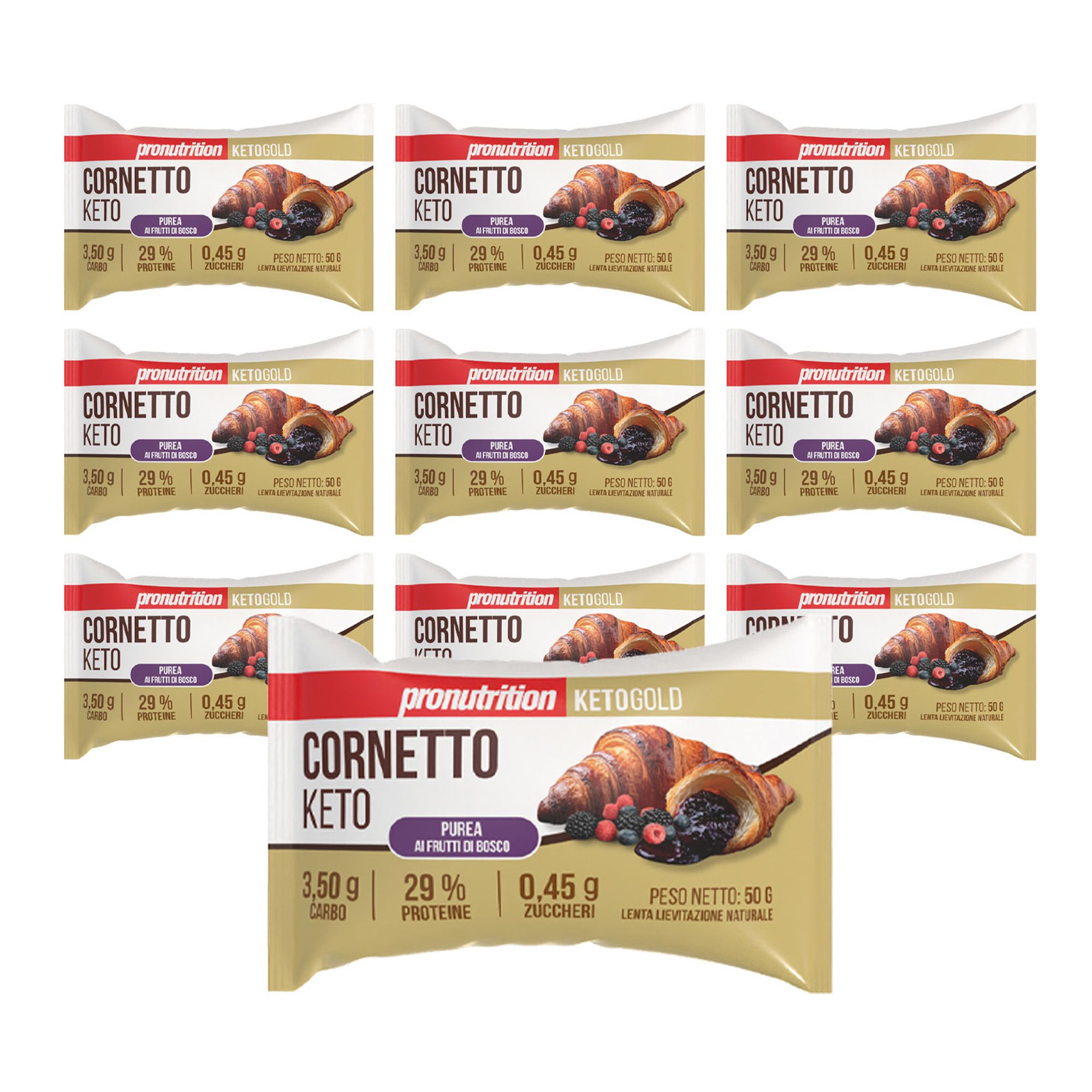 Pronutrition Cornetto keto - 10 pezzi x 50 gr Frutti di bosco - Senza zuccheri - Basso carboidrati