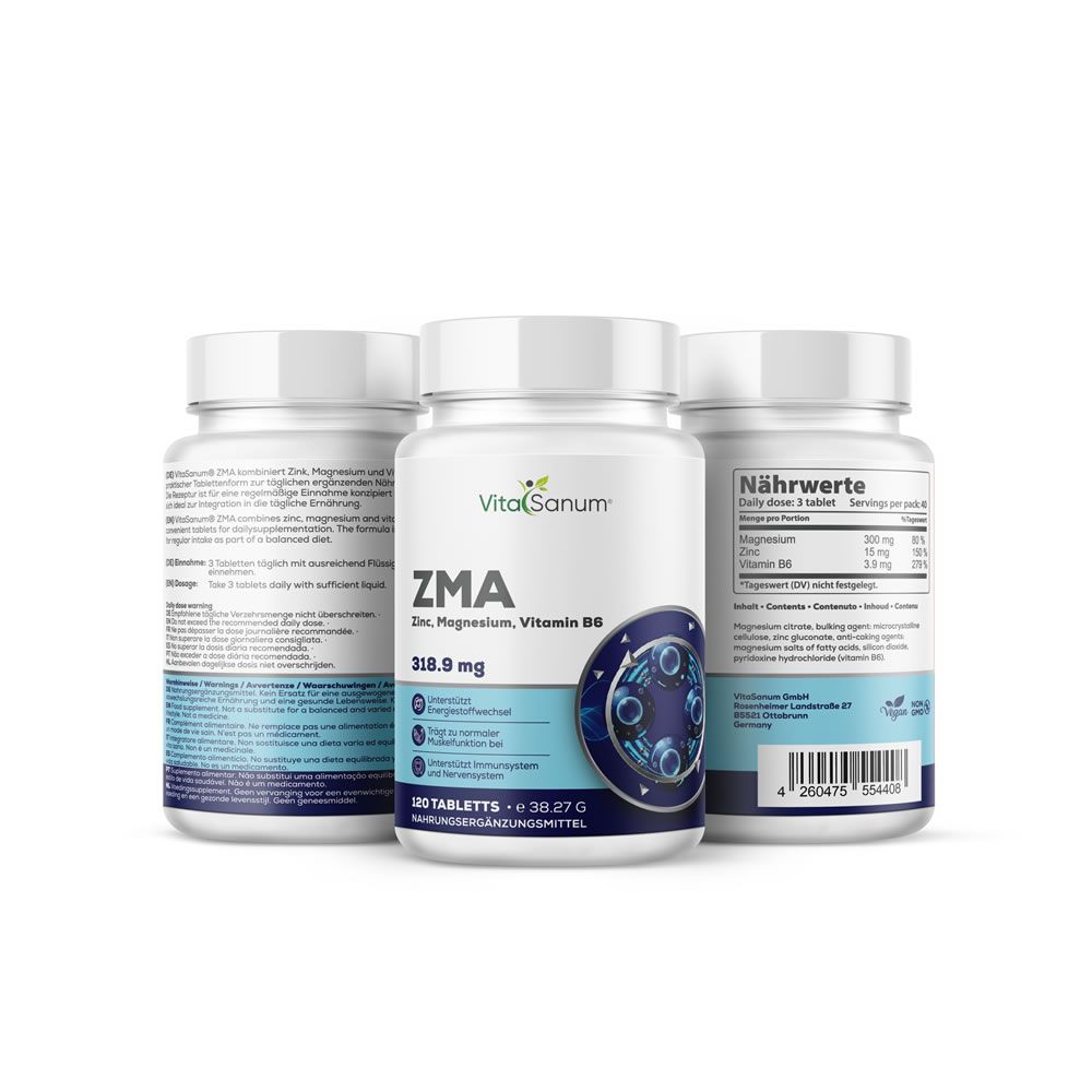 Tre flaconi bianchi VitaSanum ZMA. Contiene zinco, magnesio, vitamina B6. 120 compresse. Grafica blu.