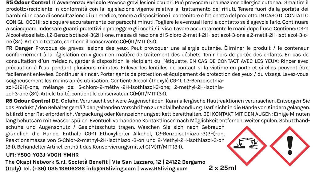 Avvertenze di pericolo e ingredienti. Testo in tedesco e italiano. Simboli di avvertimento: punto esclamativo e corrosivo.