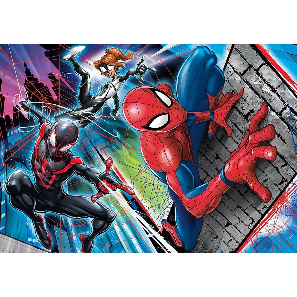 Puzzle Spiderman 24 pezzi. Illustrazione di Spiderman e altri personaggi. Logo Clementoni.