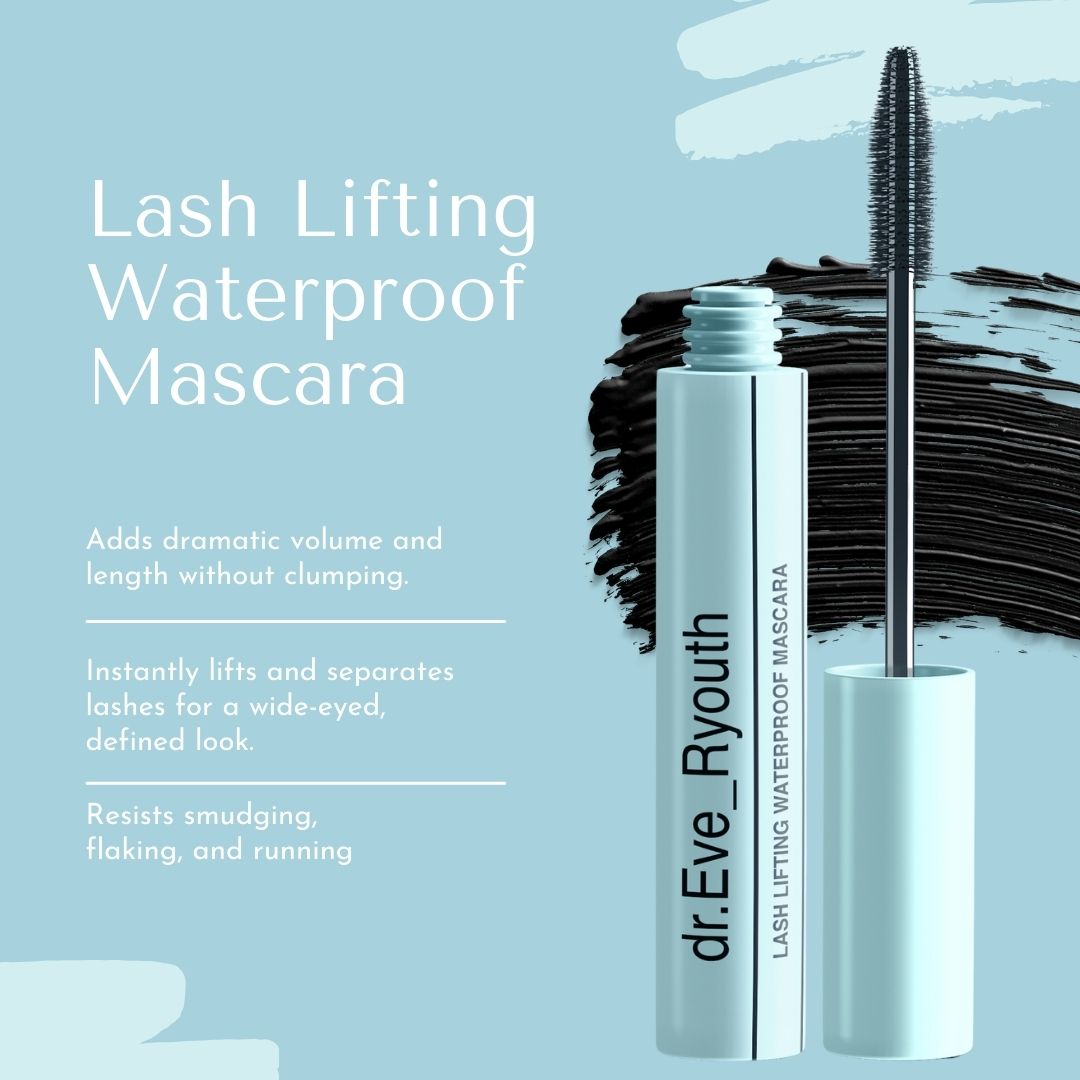 Confezione di mascara azzurro con applicatore nero e testo 'Lash Lifting Waterproof Mascara'.