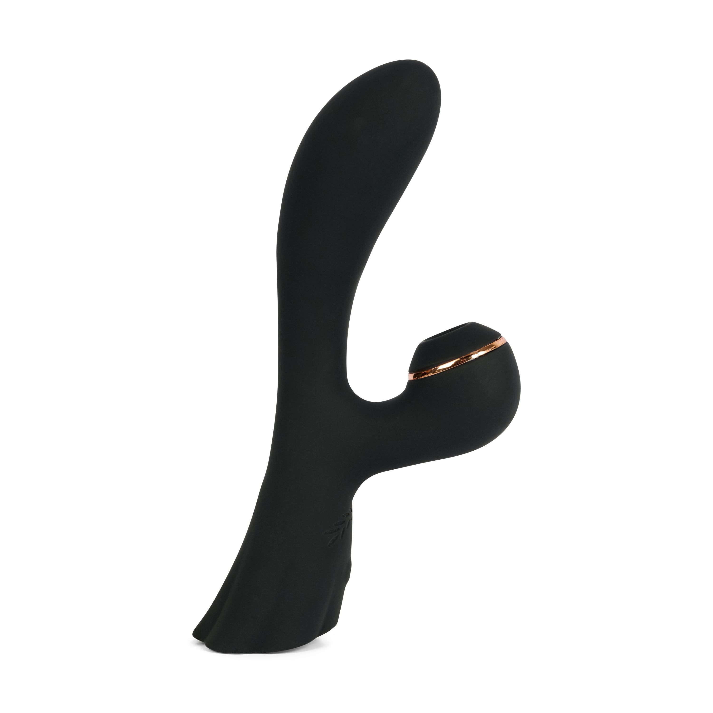 Prodotto benessere nero con forma curva e dettaglio dorato. Struttura superficiale visibile.