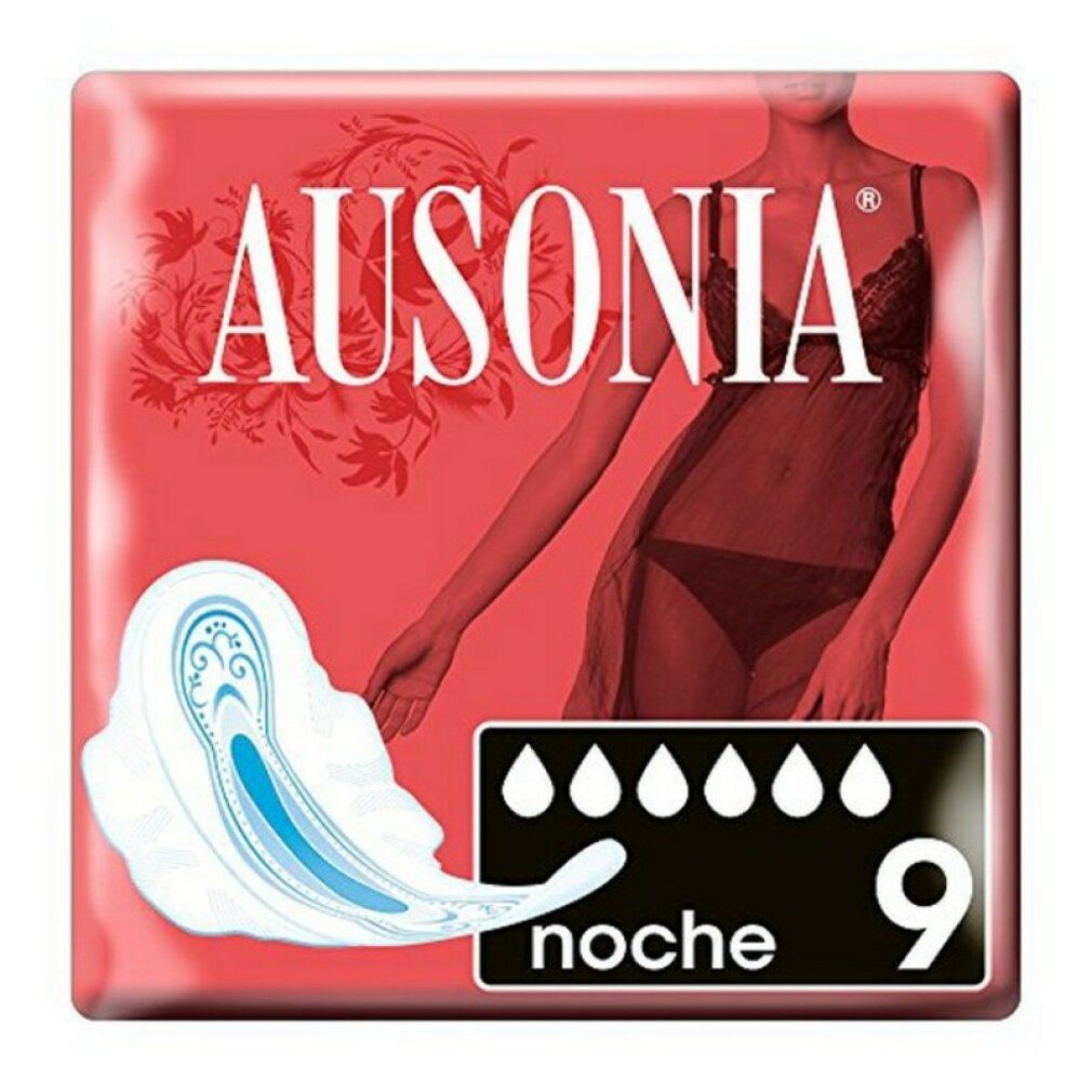 Confezione di assorbenti AUSONIA Notte. Confezione rossa con immagine del prodotto, scritta 'AUSONIA' e 'Notte'. Contiene 9 pezzi.
