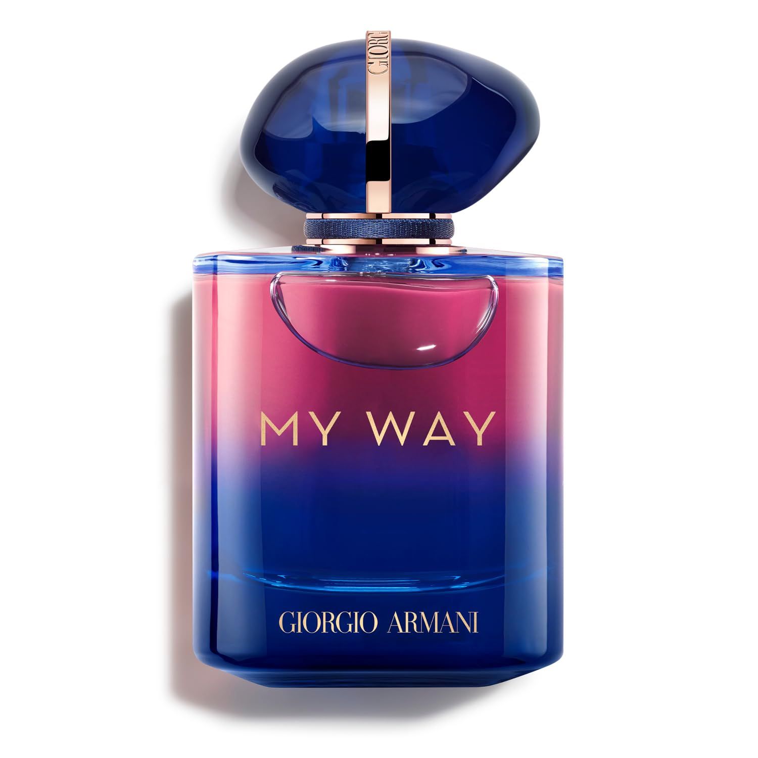 Flacone di profumo con tappo blu e contenuto rosa. Scritta "MY WAY" e "Giorgio Armani".