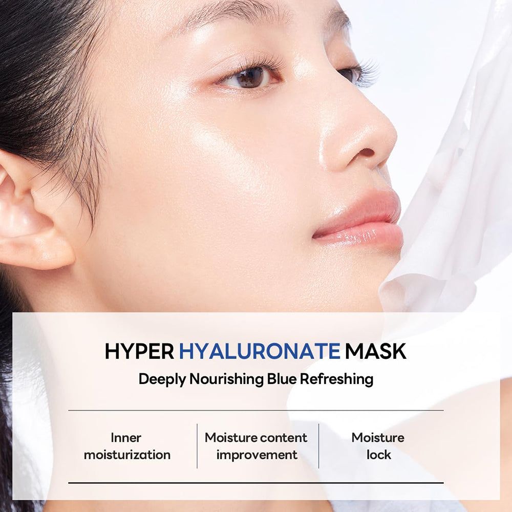 Viso di una persona con una maschera facciale. Testo: HYPER HYALURONATE MASK. Profondamente nutriente, blu rinfrescante.