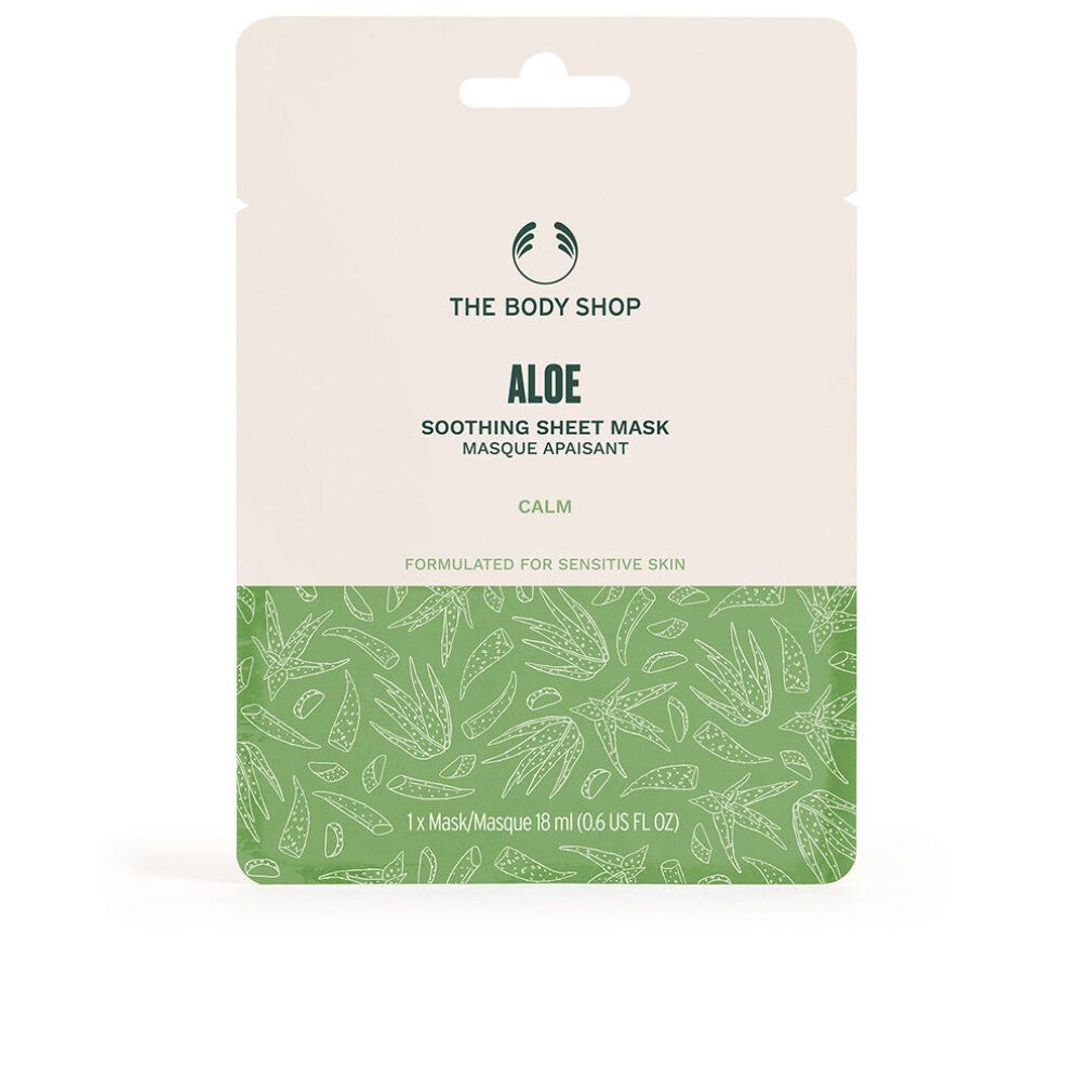 Confezione di maschera in tessuto lenitiva all'aloe di The Body Shop, formulata per pelli sensibili.
