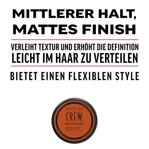 Barattolo di AMERICAN CREW Defining Paste. Testo: Tenuta media, finitura opaca. Dona texture e definizione. Defining Paste.