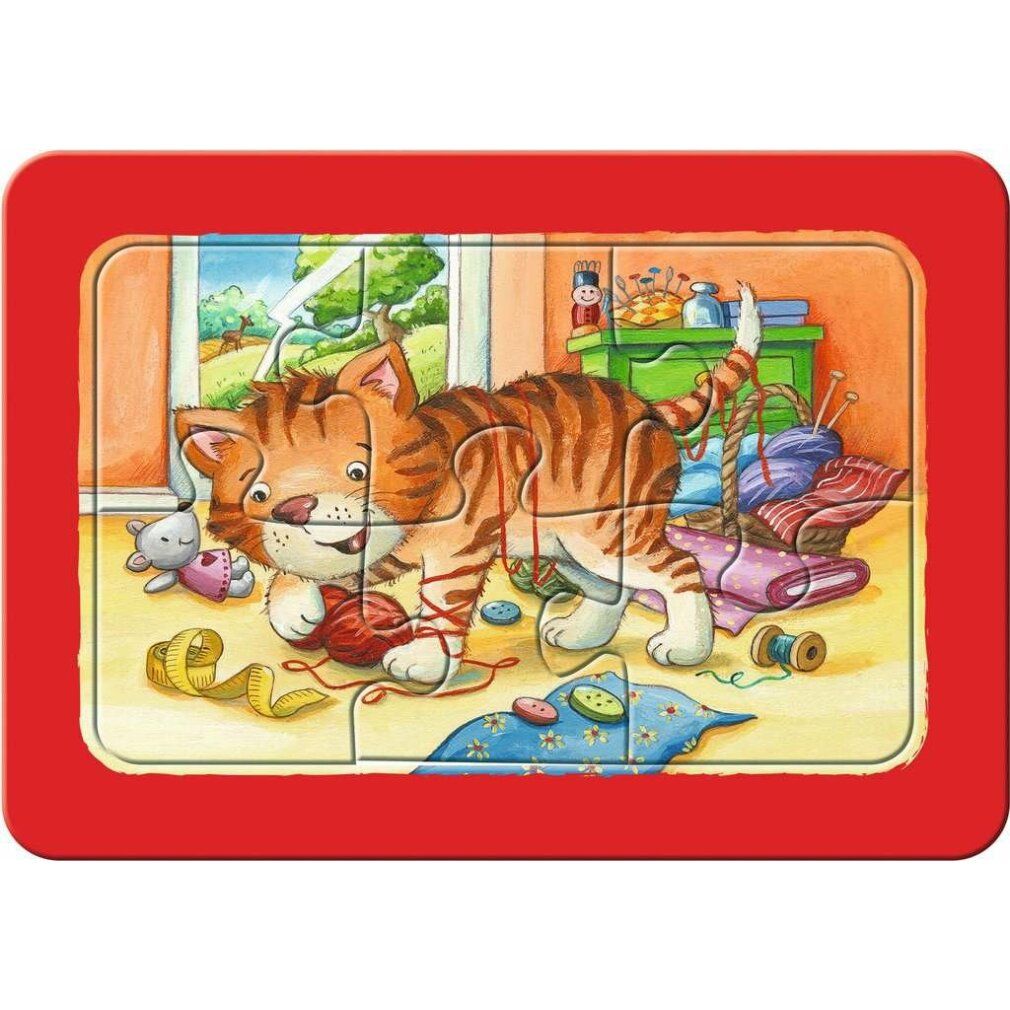 Puzzle coniglio, 3x6 pezzi, bordi gialli. Coniglio corre in giardino. Topo e casetta sullo sfondo.