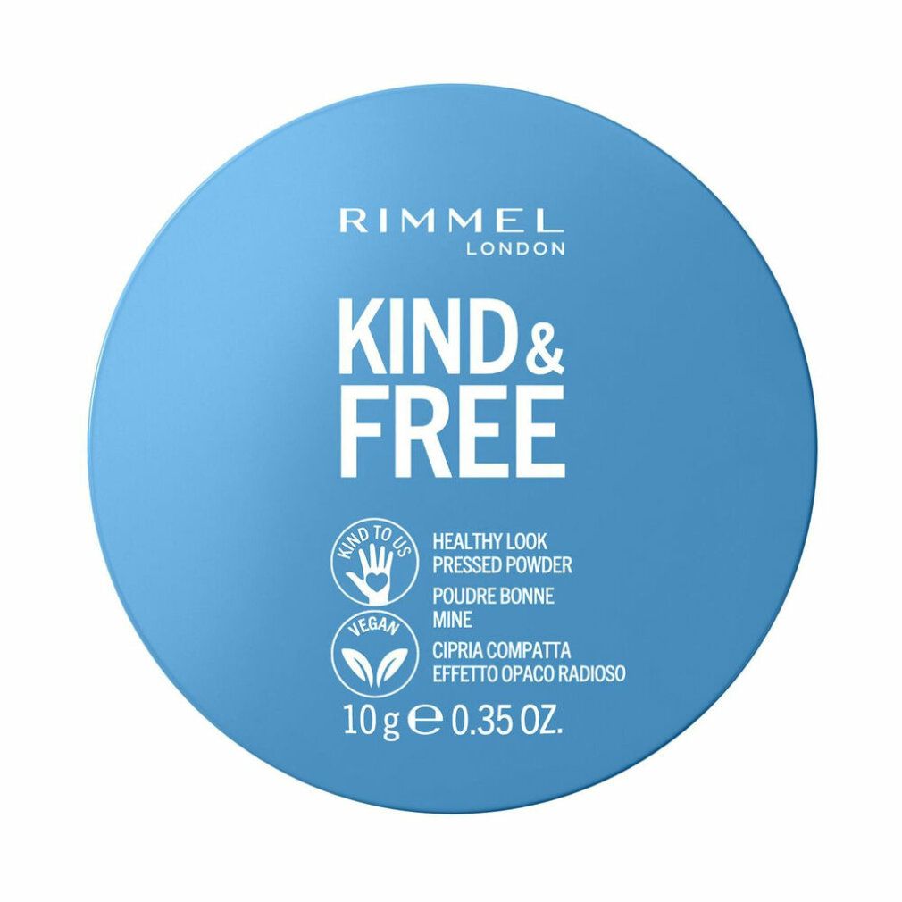 Cofanetto rotondo blu con scritta: Rimmel London Kind & Free. Logo vegano. Testo: Healthy Look Pressed Powder.