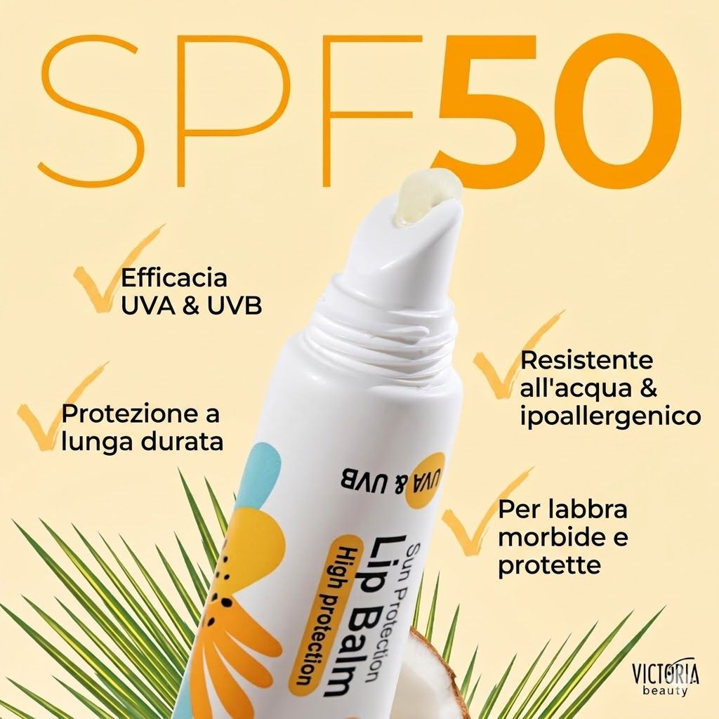 Victoria Beauty Sun Kiss Lip Balm. Tubo con prodotto. Testo: SPF 50, UVA & UVB, resistente all'acqua, ipoallergenico, per labbra morbide.