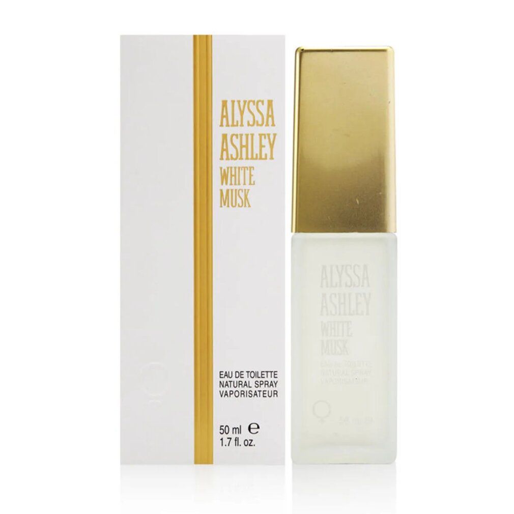 Alyssa Ashley White Musk Eau de Toilette Spray. Flacone e confezione. Bianco, oro. Scritta: Eau de Toilette, Natural Spray.