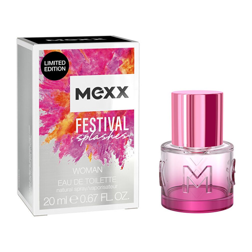 Mexx Festival Splashes Frau Eau de Toilette. Flacone e confezione. Colori rosa e argento. 20 ml.