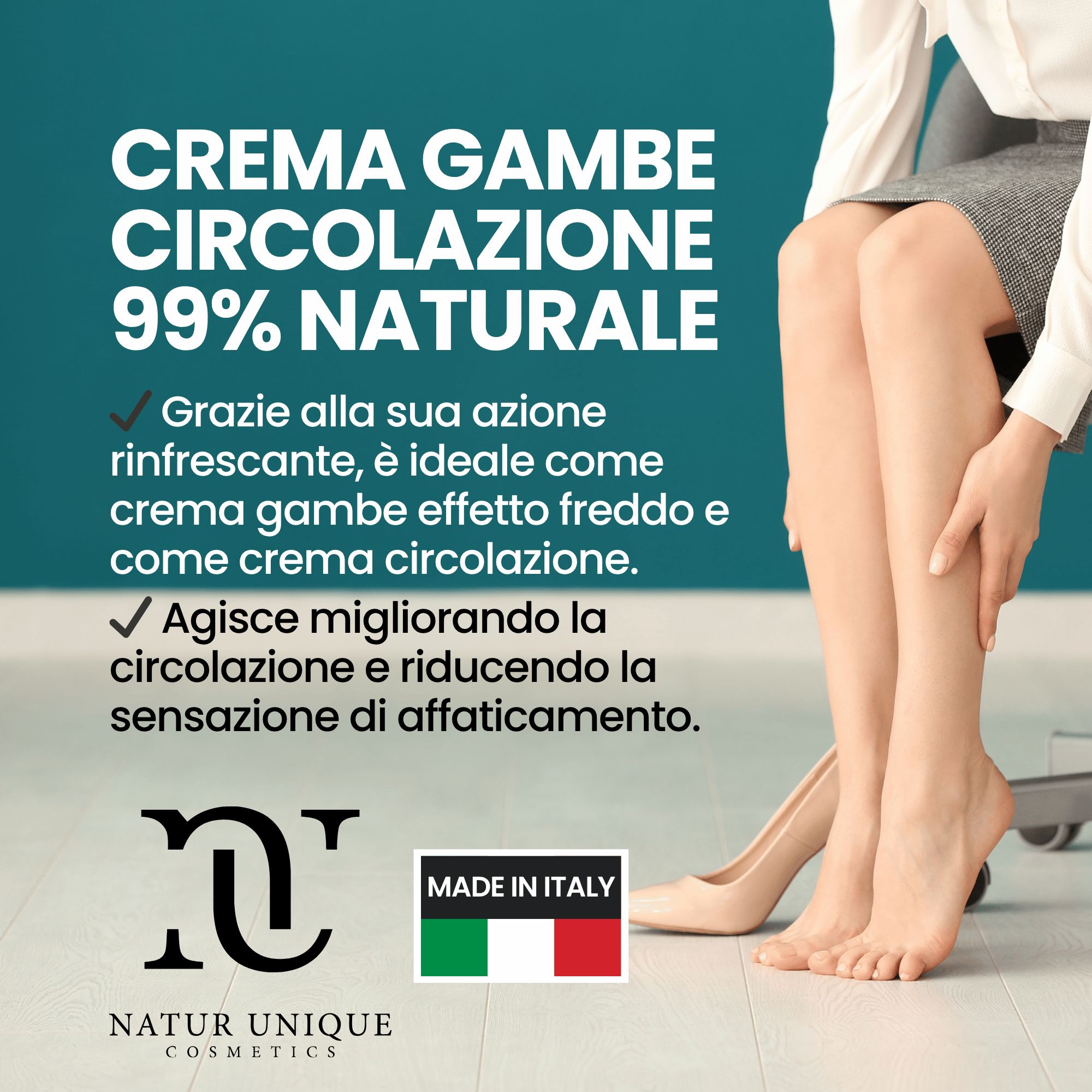 Donna massaggia le gambe con una crema rinfrescante. Informazioni sul prodotto e logo visibili.