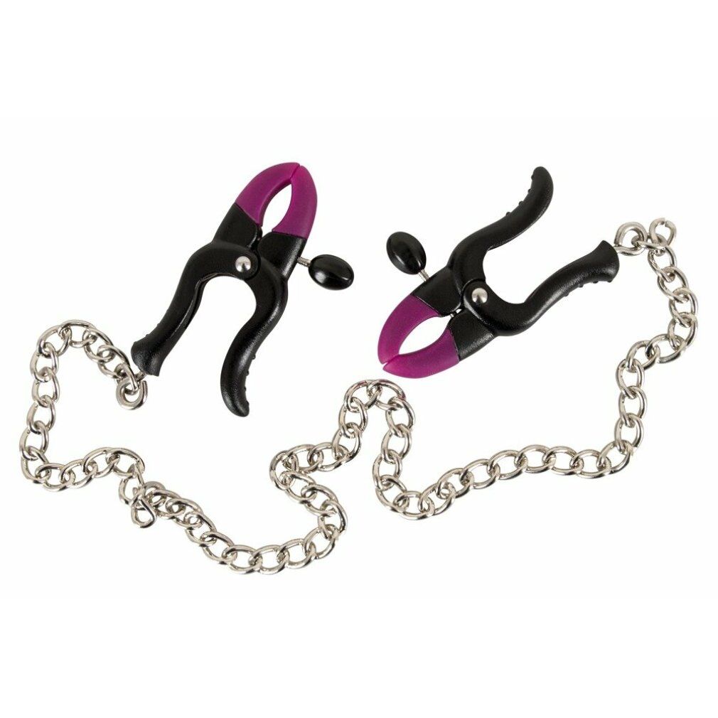 Due pinze nere con punte in silicone viola e catena. Viti regolabili. Vista prospettica.