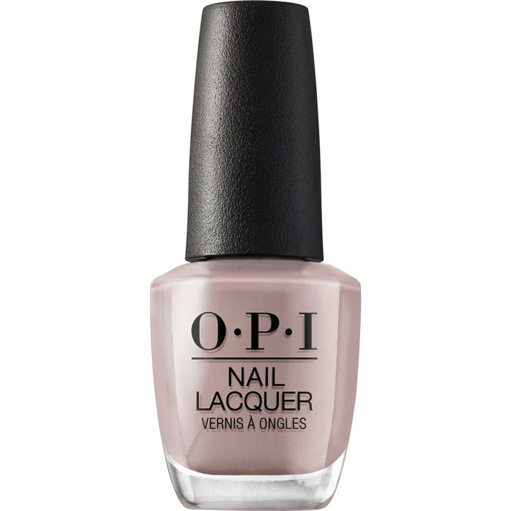 Flacone di smalto per unghie O.P.I. con tappo nero. Tonalità beige. Scritta: Nail Lacquer.