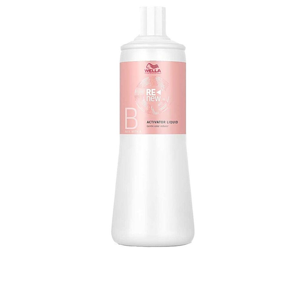 Flacone bianco con etichetta rosa. Scritta: Wella, RE+NEW, Activator Liquid. Forma conica.