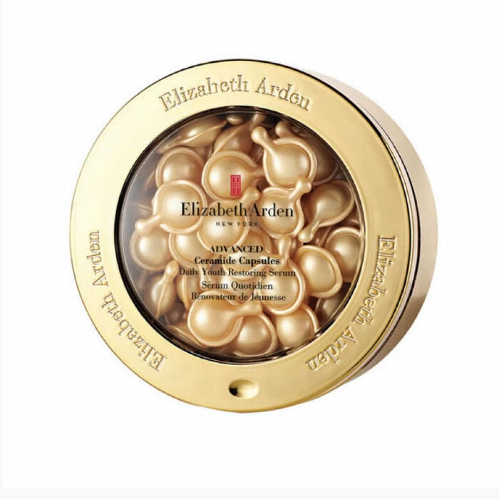 Contenitore rotondo dorato con capsule di ceramidi. Scritta: Elizabeth Arden, Advanced Ceramide Capsules, Daily Youth Restoring Serum.