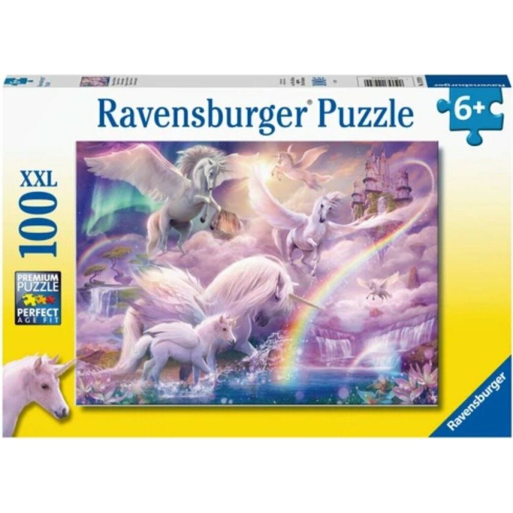 Scatola puzzle con unicorni, 100 pezzi, dai 6 anni in su. Marchio Ravensburger. Immagine di unicorni, arcobaleno e castello.