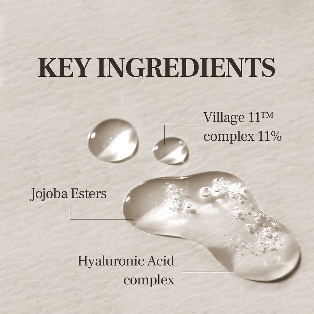 Primo piano di gocce di siero. Scritta: KEY INGREDIENTS. Ingredienti: acido ialuronico, esteri di jojoba, Village 11™ complex.