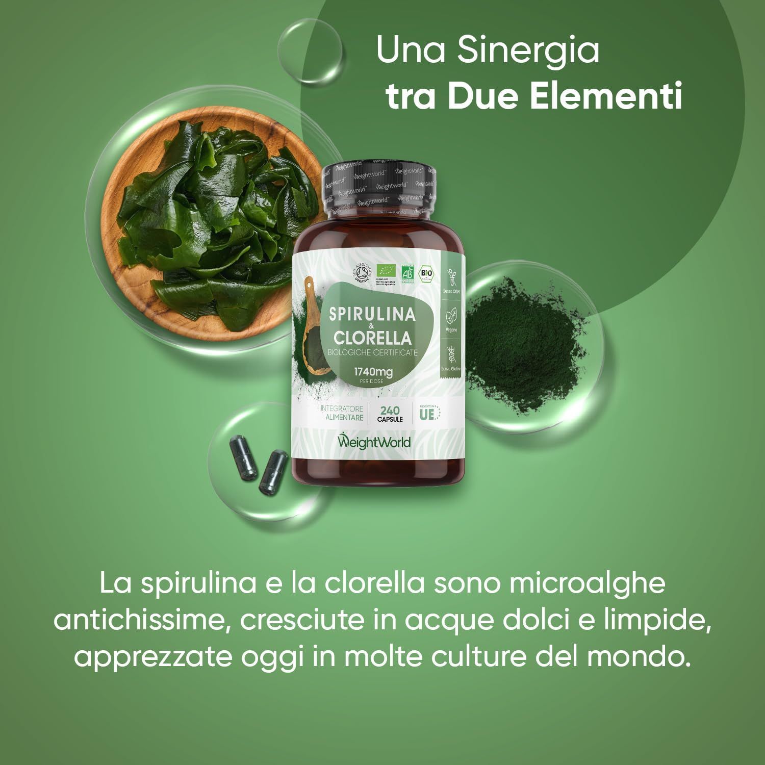 Capsule e alghe. Testo: Spirulina & Clorella, 1740mg. 240 capsule. Biologico, vegano.