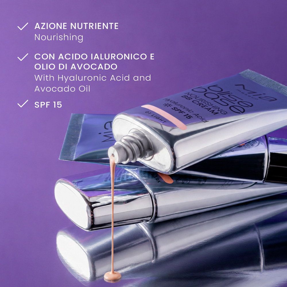 Tubo argentato di BB cream che cola su un altro tubo. Contiene acido ialuronico, olio di avocado e SPF 15.