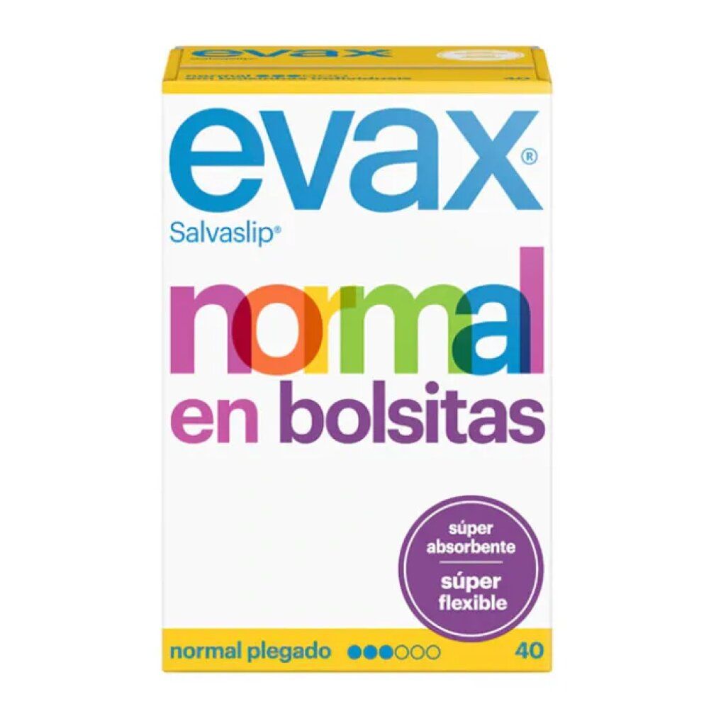 Confezione di Evax Normal Fresh. Bianco, giallo e testo colorato. Contiene 40 pezzi. Con 'Súper absorbente' e 'Súper flexible'.