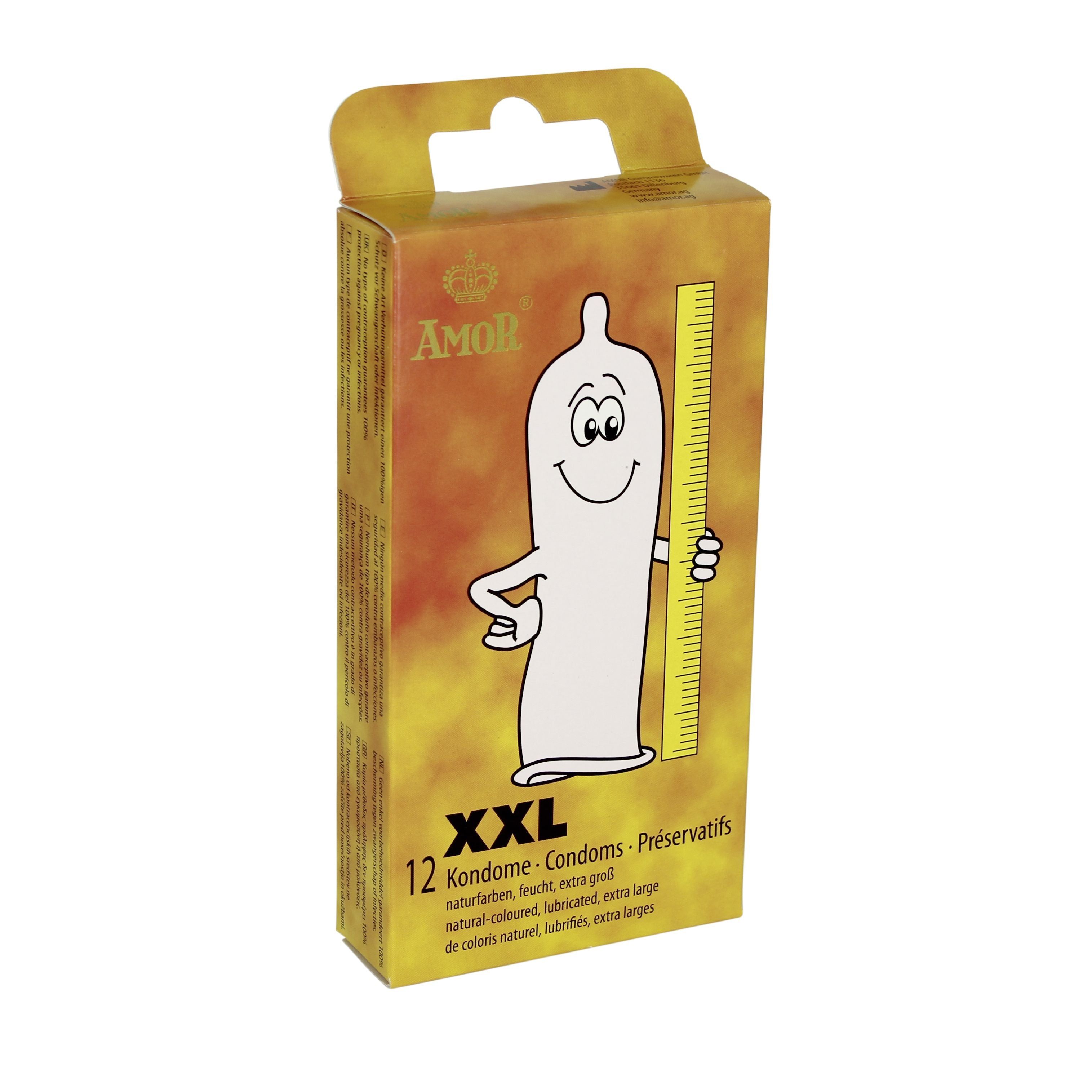 Confezione di preservativi AMOR XXL. Illustrazione di un preservativo con scala. Scritta: 12 preservativi. Testo: natural-coloured, lubricated, extra large.
