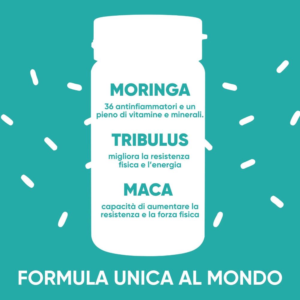 Immagine capsula bianca. Testo: Moringa, Tribulus, Maca. Formula: Unica al mondo. 36 antinfiammatori, vitamine.