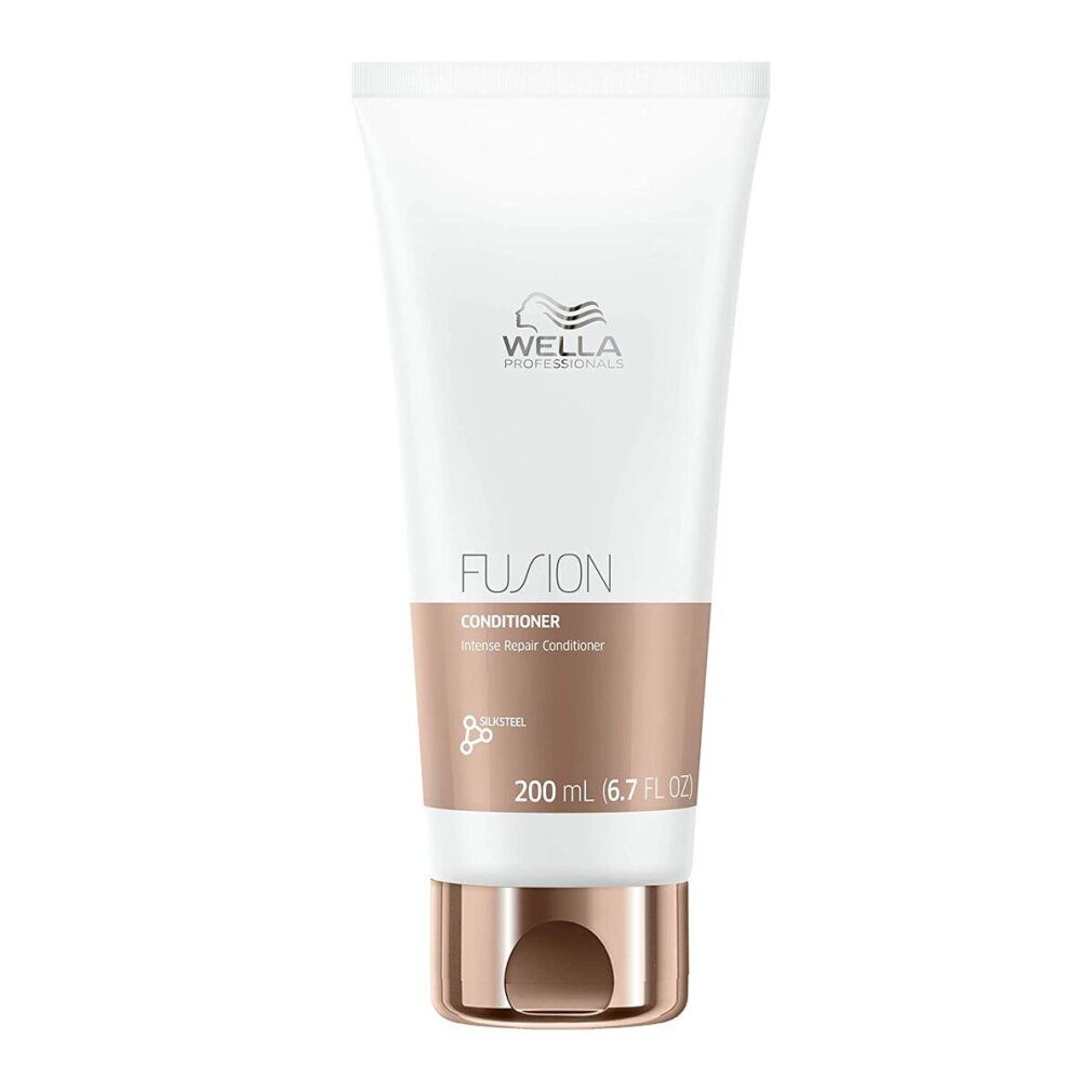 Tubo bianco con sezione marrone. Scritta: Wella, Fusion, Conditioner. 200 ml. Chiusura bronzo.