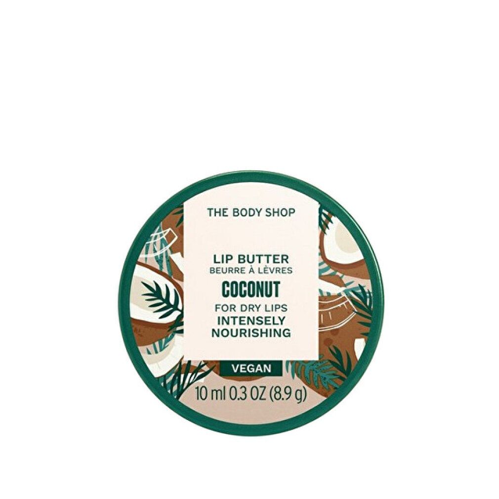 Barattolo rotondo con motivo cocco. Testo: Lip Butter, Coconut, per labbra secche, nutriente. Vegano. 10 ml.