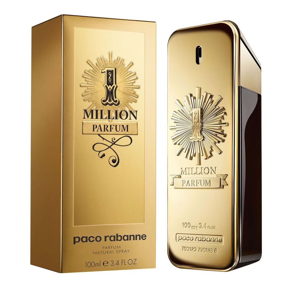 Flacone e confezione dorati. Scritta: 1 Million Parfum, Paco Rabanne. Flacone con vaporizzatore.