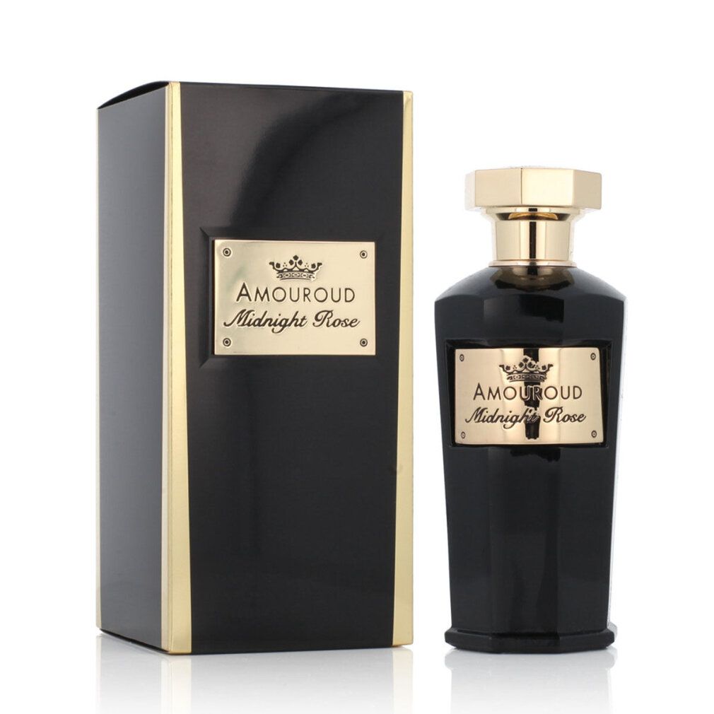 Flacone e scatola neri. Dettagli dorati. Scritta: Amouroud Midnight Rose.