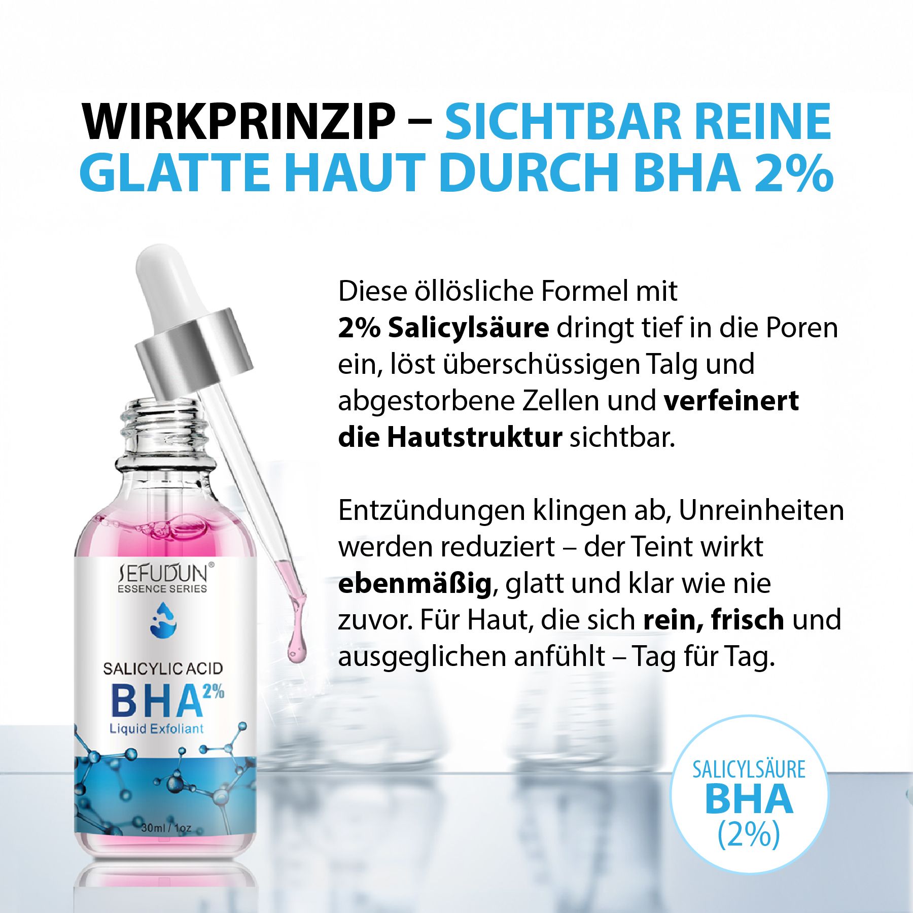 Flacone di siero con pipetta. Scritta: Acido salicilico BHA 2% Esfoliante liquido. Testo: Principio attivo - pelle visibilmente pura e liscia grazie a BHA 2%.