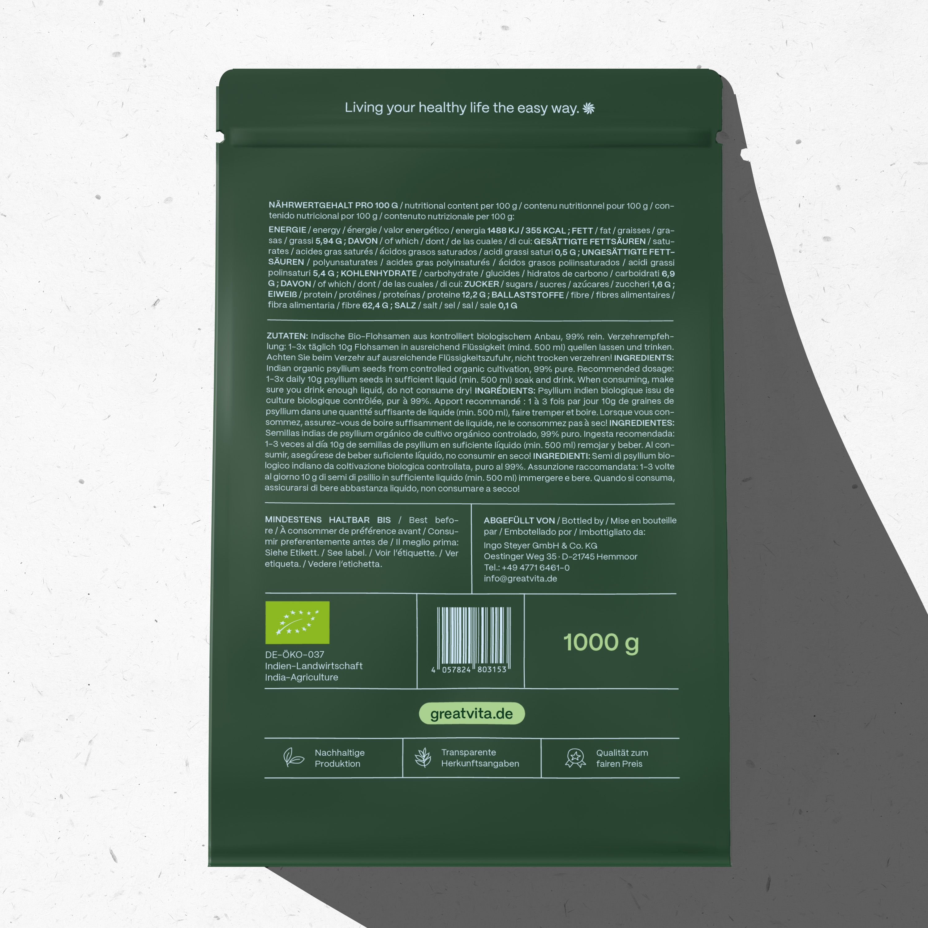 Confezione verde con testo. Contiene 1000 g. Scritta: GreatVita, Bio Flohsamen. Sigillo bio. Testo in tedesco.
