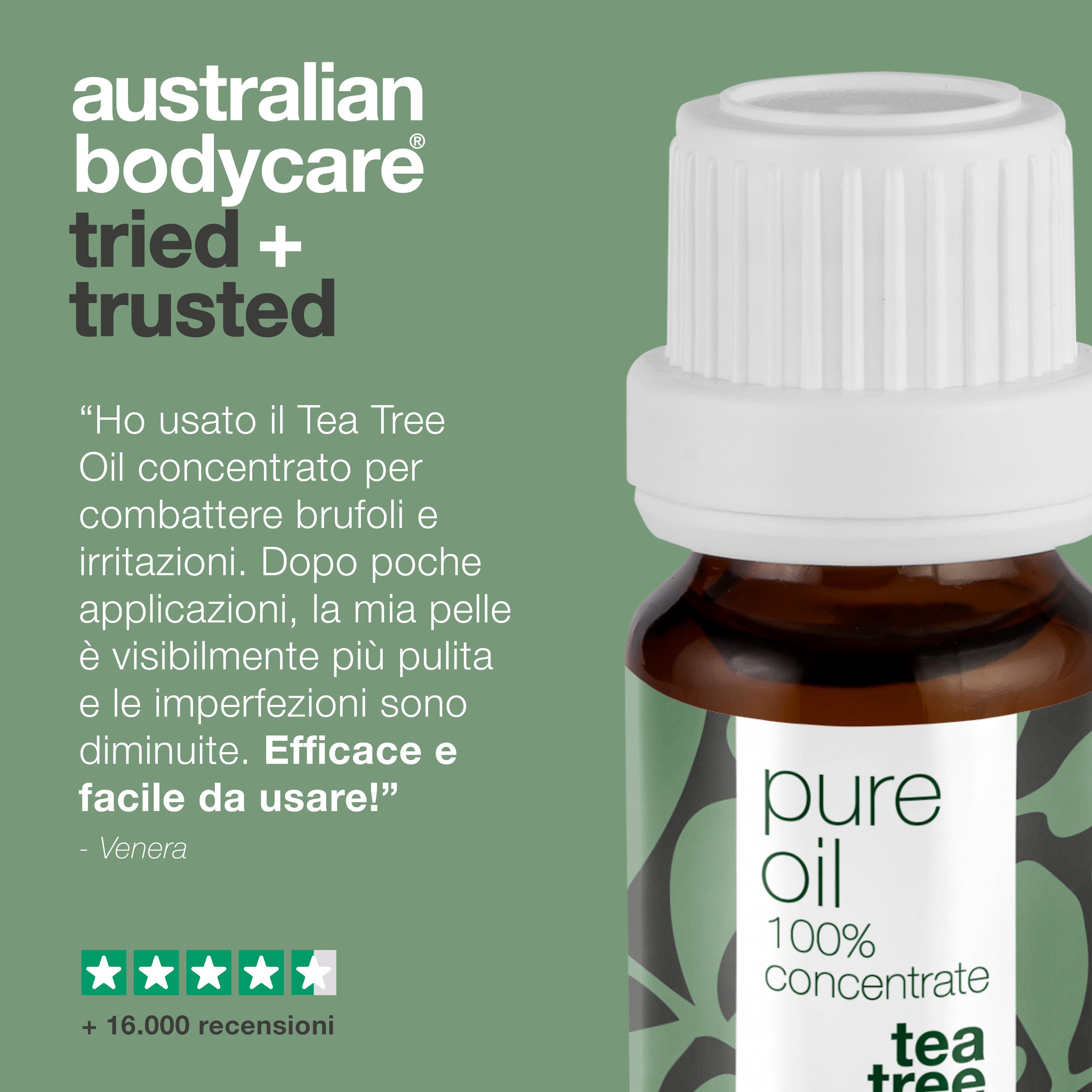 Testimonianza con testo e valutazione a stelle. Flacone con testo: pure oil, 100% concentrate, tea tree oil, australian bodycare.