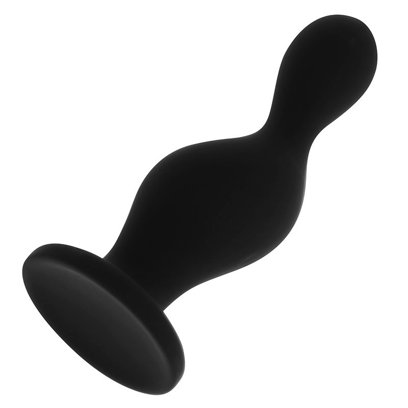 Plug anale in silicone nero, curvo, con base e punta arrotondate. Leggermente arcuato.