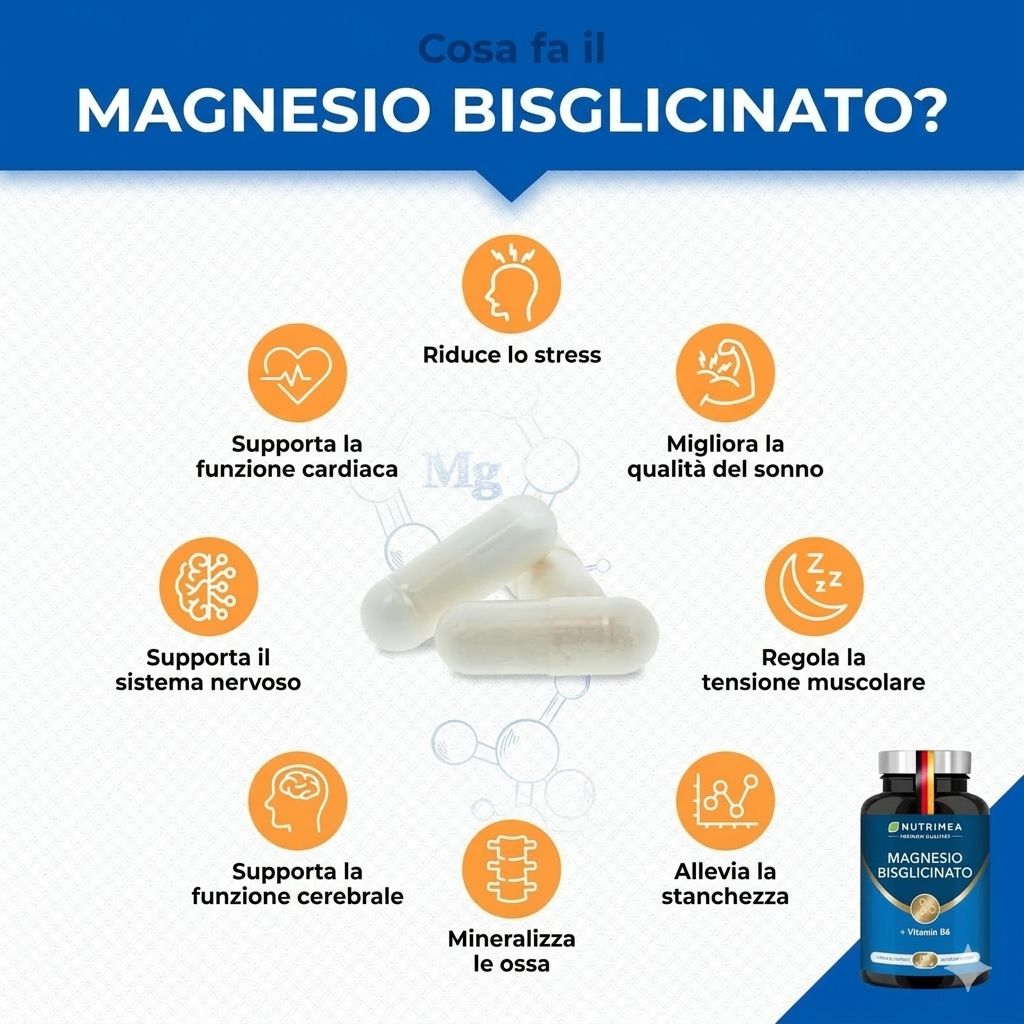 Capsule di magnesio bisglicinato e vitamina B6. Illustrazioni dei benefici: riduzione dello stress, rilassamento muscolare.