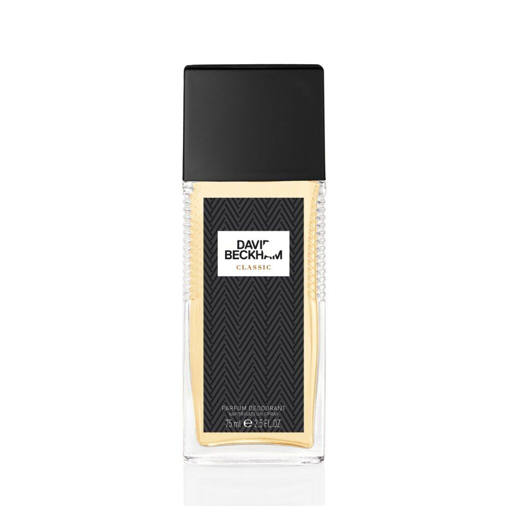 Spray deodorante con tappo nero ed etichetta rettangolare. Scritta: DAVID BECKHAM CLASSIC. 75 ml.