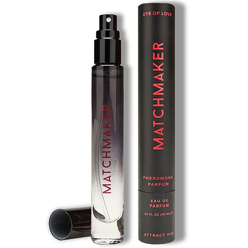 Flacone di profumo e confezione. Flacone nero con scritta rossa "MATCHMAKER". Confezione cilindrica con "EYE OF LOVE" e "MATCHMAKER" in rosso.
