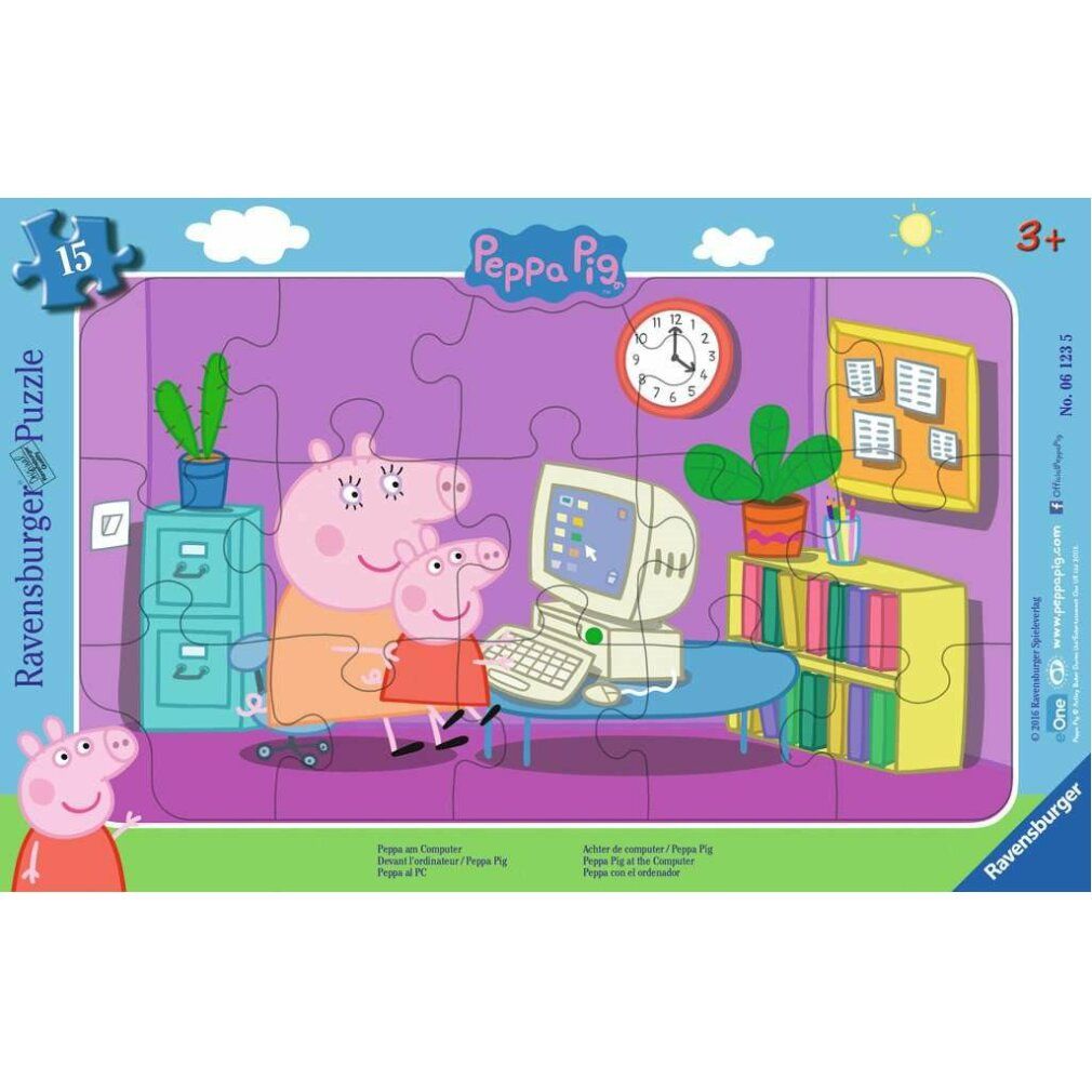 Puzzle da 15 pezzi. Tema: Peppa Pig al computer. Puzzle Ravensburger. Confezione con illustrazione di Peppa Pig.
