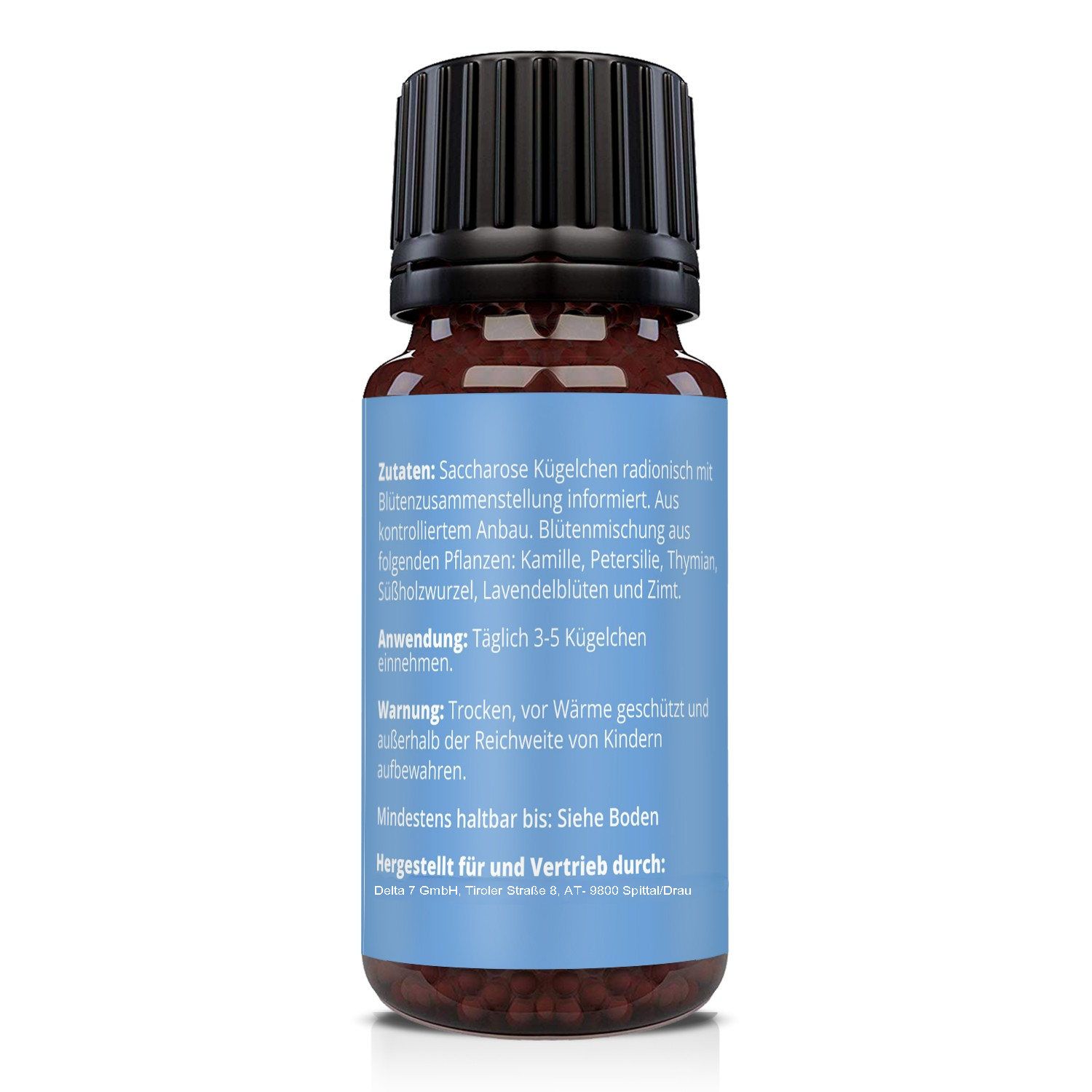 Flacone di vetro marrone con tappo nero. Retro con etichetta blu. Testo: Ingredienti, uso, avvertenza, scadenza.
