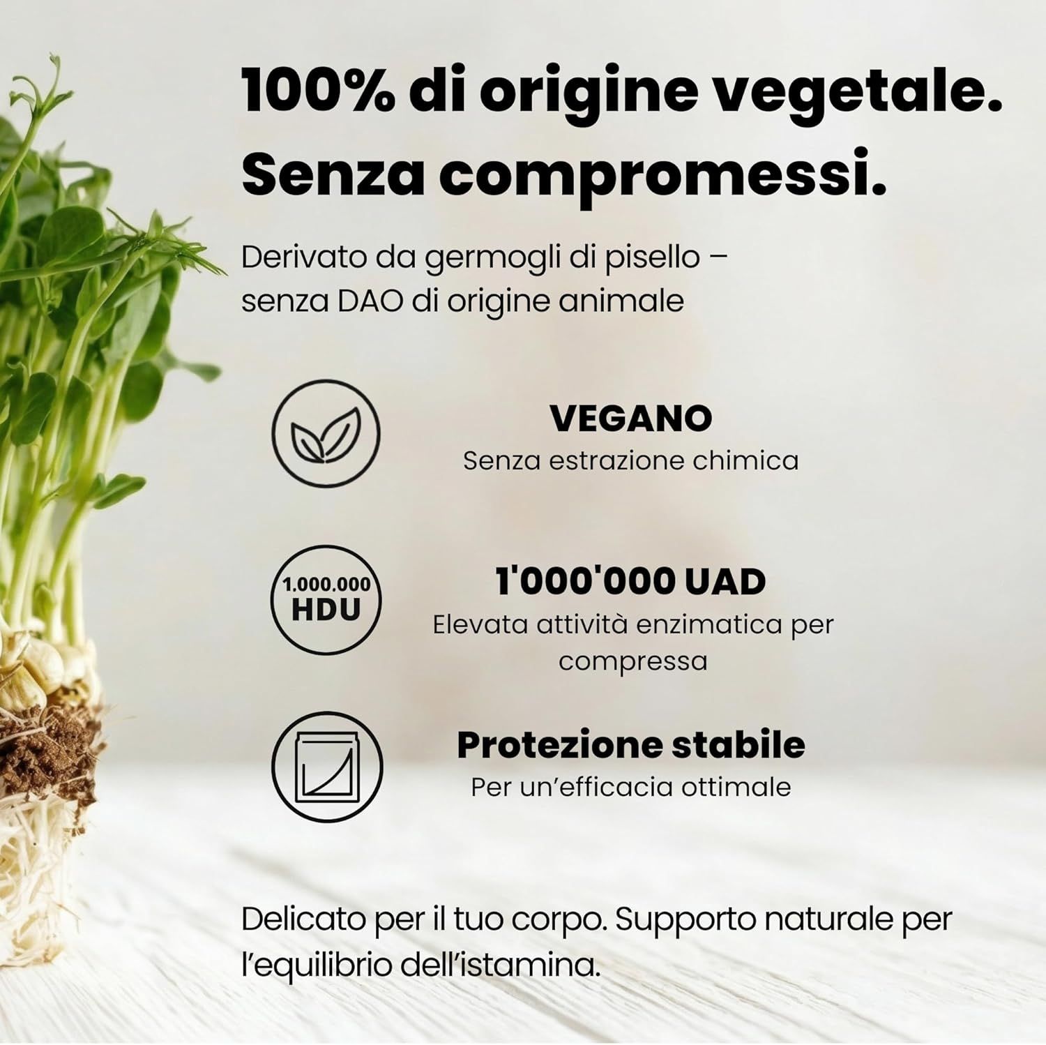 Primo piano di germogli. Testo: 100% di origine vegetale, senza compromessi. Vegano, 1.000.000 UAD, protezione stabile.