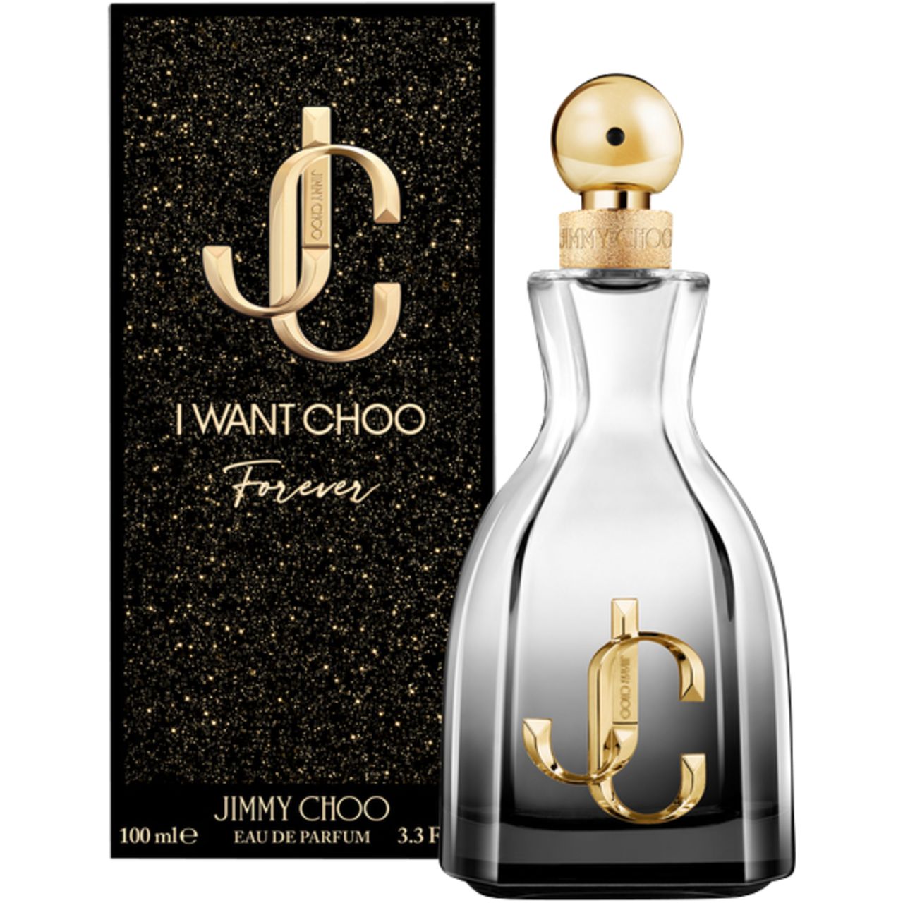 Flacone di profumo e confezione. Confezione nera con logo e scritta dorati. Flacone con tappo dorato.