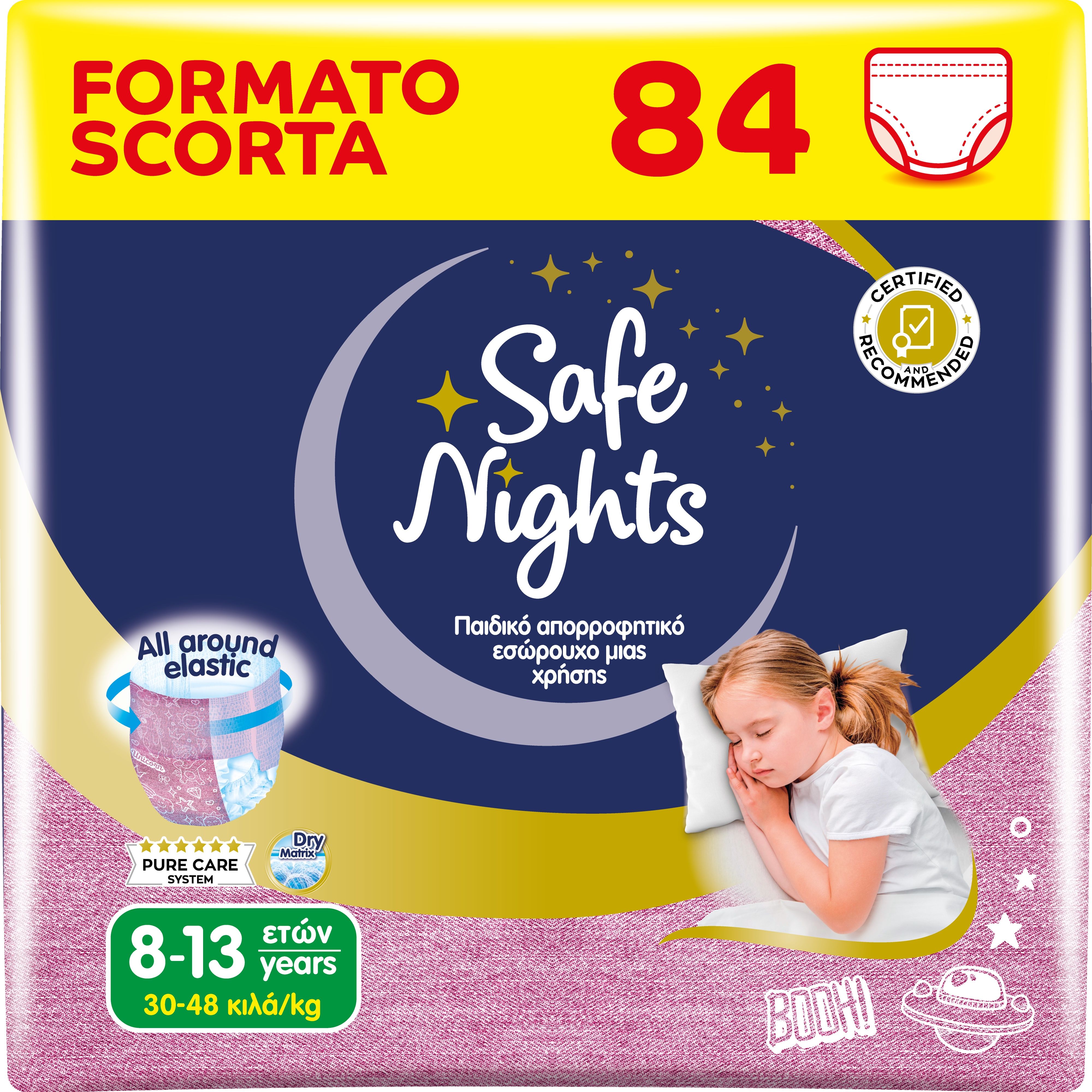 Mutandine Babylino Safe Nights: 84 pezzi, taglia 8-13 anni (30-48 kg). Con bambina che dorme.