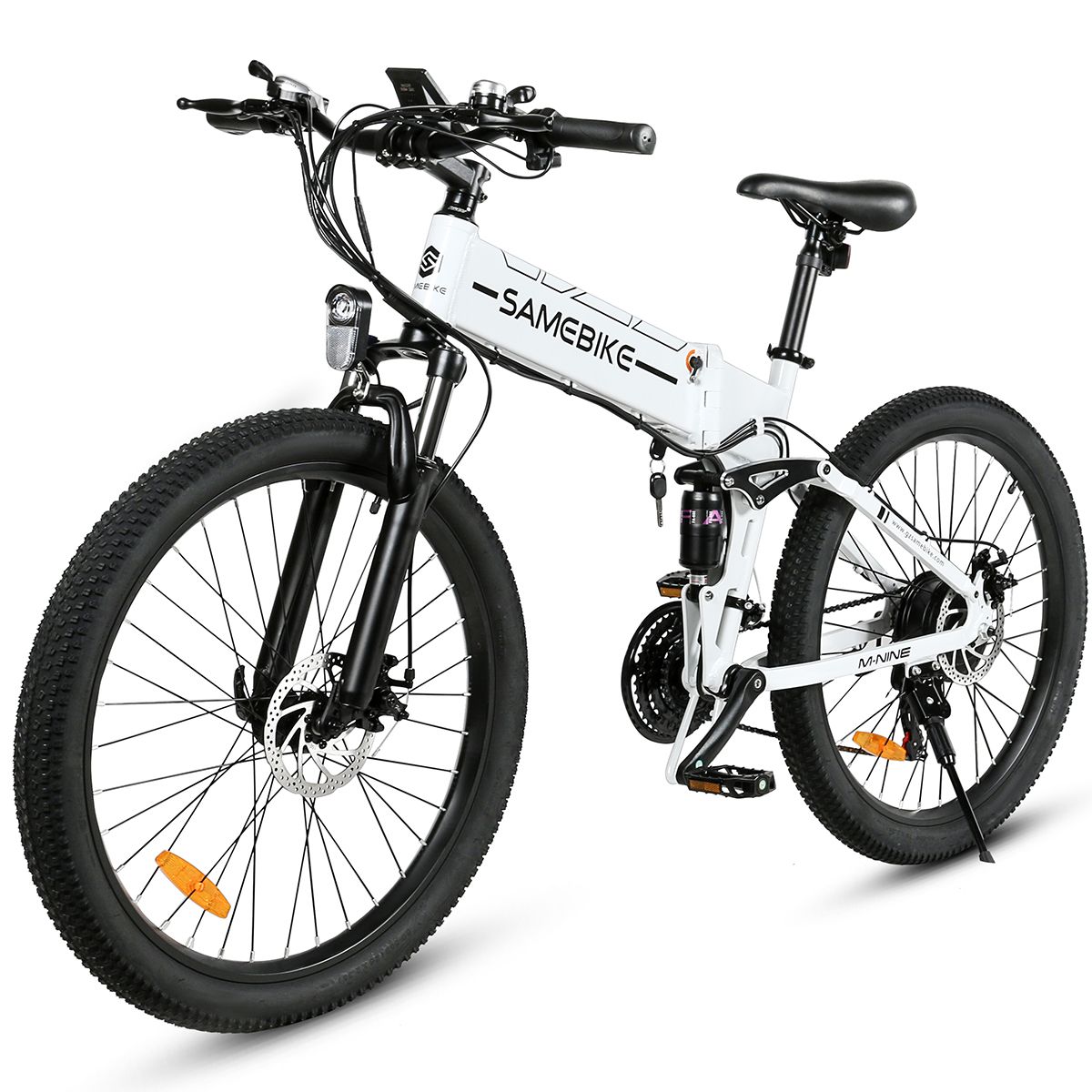 Bicicletta elettrica pieghevole, bianca, nera. Marchio SAMEBIKE. Pneumatici grandi, freni a disco. Dettagli: sella, manubrio, pedali.